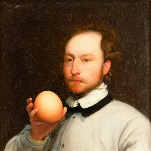 Prompt: a portrait of a man holding an egg