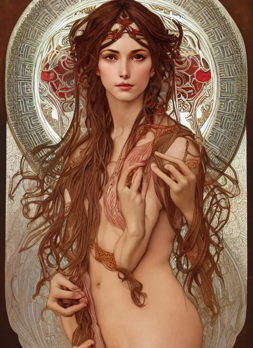 Prompt: hypnos, greek god of sleep, long braided hair, tan skin, elegant, fantasy, light red and silver robes, super detailed, very ornate, by alphonse mucha, artgerm, magali villeneuve, symmetrical face, 8 k, sharp focus, illustration