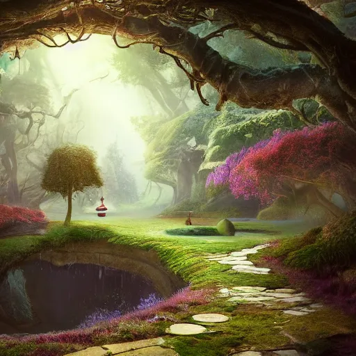 Image similar to photorealistic fantasy concept art of the world of Alice and wonderland landscape, dynamic lighting, magical, mysterious, hyperrealism, 8k resolution, HD quality