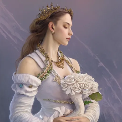 Image similar to a queen with a decorated dress made of white and cream colored roses holding a realistic and detailed white swan in her arms, highly detailed, digital painting, Trending on artstation , HD quality, by artgerm and greg rutkowski and alphonse mucha, dramatic light, octane