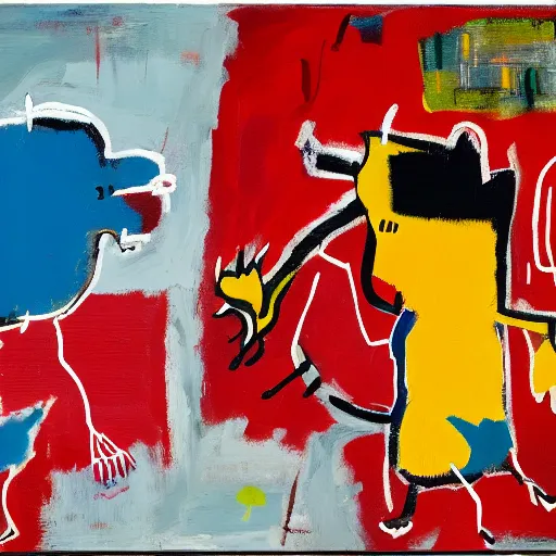 Image similar to bull and bear fighting, oil on canvas, basquiat style