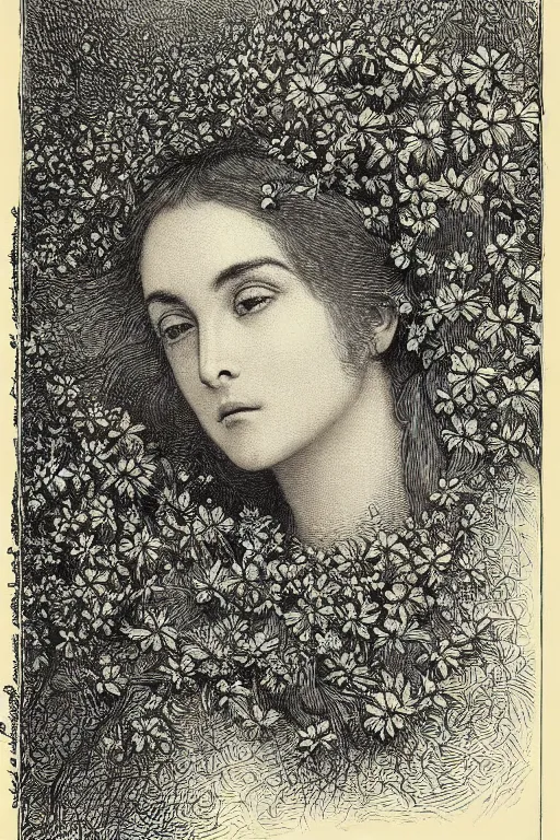 Prompt: extreme close-up portrait of a woman with her face covered by hair with flowers woven into it, forest background, Gustave Dore lithography