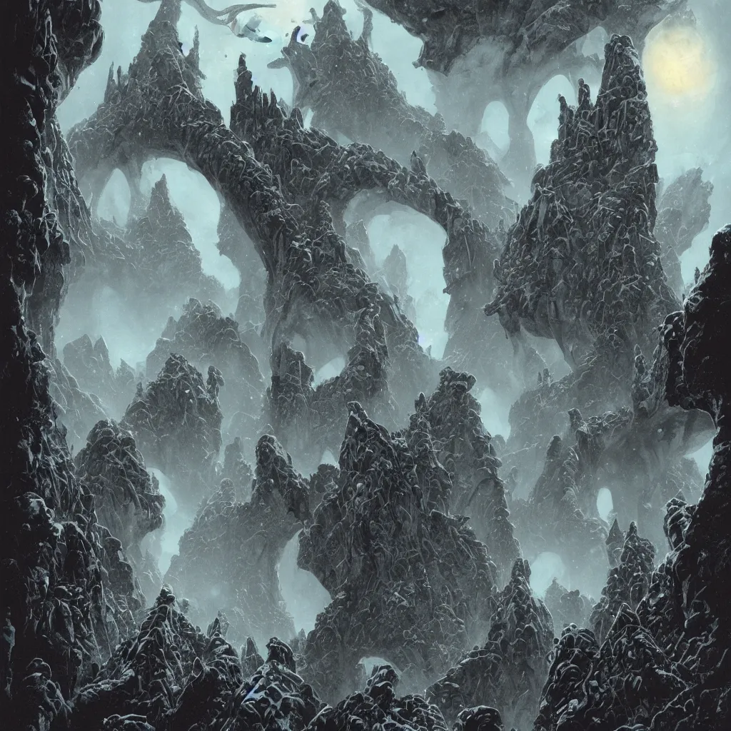 Image similar to the lovecraftian stonepunk city of cyclopean towers and stone cephalopod castles in the mountains of antarctica, upward cinematic angle, by p. craig russell, rodney matthews, frank frazetta and michael kaluta, fantasy art, psychedelic atmosphere, heavy winter aesthetics, stunning composition, alien faces, monstrous animal statues, intricate, strange, elegant, digital art, hyperdetailed, colorful hyperrealism, brilliant photorealism, horror, masterpiece, 8k