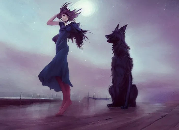 Prompt: wide angle beautiful full body portrait of a strong male anthropomorphic anthro border collie fursona in an evening gown on a pier at night, character design by charlie bowater, henry asencio, and ross tran, disney, detailed, sharp focus, matte, aesthetic, trending on artstation, furaffinity, deviantart