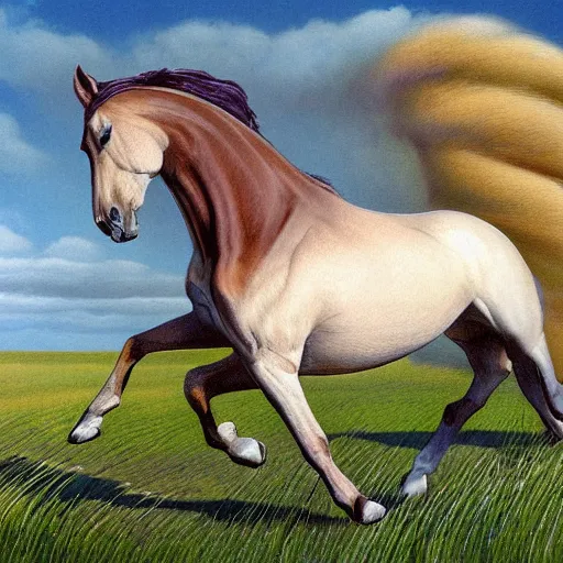 Image similar to A beautiful illustration of a horse. The horse is shown running through a field with a flowing mane and tail. The background is a peaceful blue sky. heliotrope by Mark Arian, by Herbert List