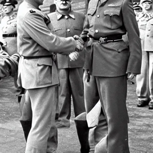 Image similar to alien in military uniform shaking hands with stalin, top secret style, realistic photo, 1 9 7 0 s, color