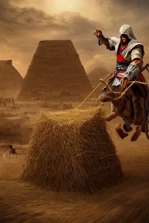 Image similar to ezio audotire plunging into a cart filled with haystack, background has pyramids and dromedaries walking by, digital art, trending on artstation, 4 k