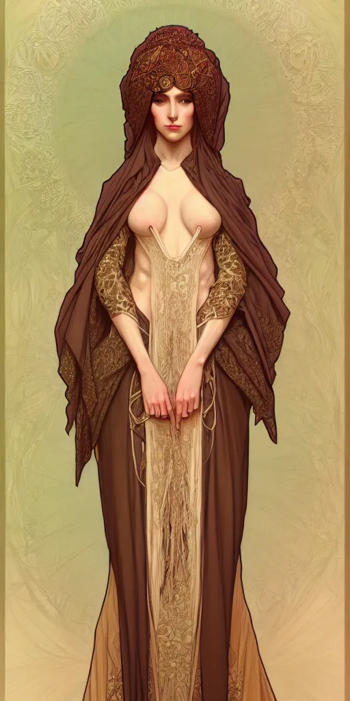 Prompt: character portrait of a modest woman, tall, feminine, powerful, modestly clothed, voluminous, intricate, elegant, highly detailed, digital painting, artstation, smooth, symmetrical, sharp focus, illustration, art by alphone mucha