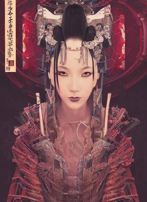 Image similar to portrait of a seductive cyberpunk geisha yakuza, imari, modern fine art, fractal, in the style of bladerunner, intricate ornaments, elegant, highly detailed, digital photography, subsurface scattering, by mc escher and greg rutkowski,