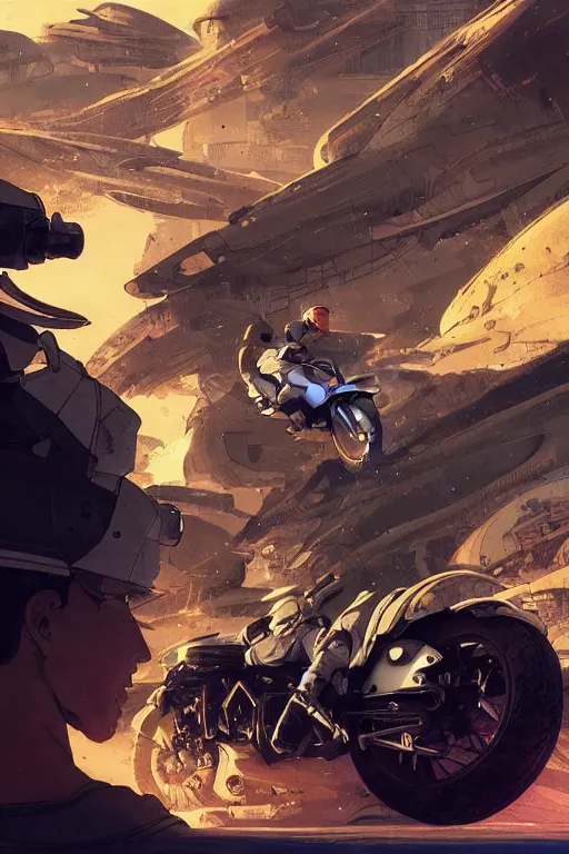 Image similar to akira riding a futuristic motorcycle on an abandonment planet, high intricate details, rule of thirds, golden ratio, cinematic light, 8 k, octane render, anime style, graphic novel by fiona staples and dustin nguyen, art by beaststars and orange, peter elson, alan bean, studio ghibli, makoto shinkai