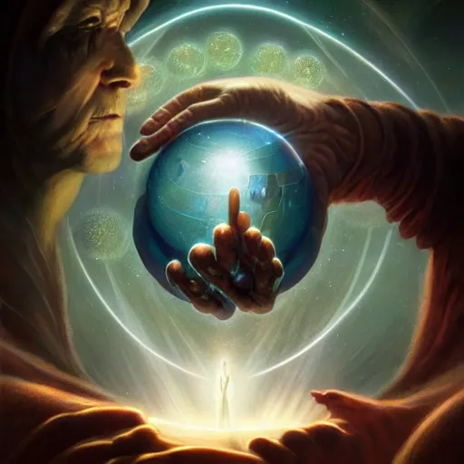 Image similar to the creator of worlds wearing a cloak and holding a holographic planet projection in his hand, detailed, sci - fi, digital painting, artstation, sharp focus, illustration, ominous, artgerm, tomasz alen kopera, peter mohrbacher, donato giancola, joseph christian leyendecker, wlop, frank frazetta