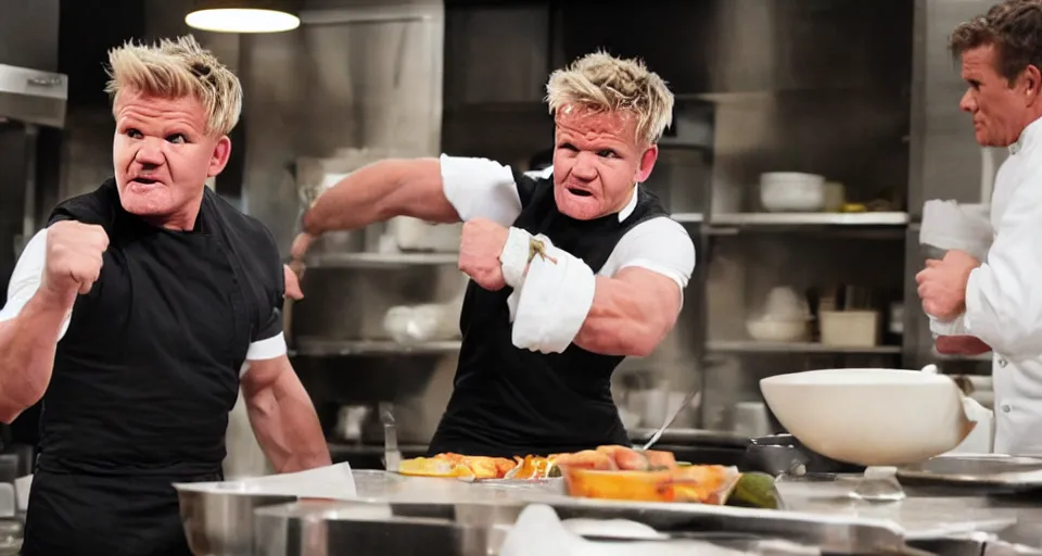 Image similar to photo of angry furious Gordon Ramsay punching Gordon Ramsay at the kitchen