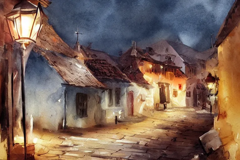 Image similar to paint brush strokes, abstract watercolor painting of rustic portuguese village at nightfall, lantern, ambient lighting, art by hans dahl, by jesper ejsing, art by anders zorn, wonderful masterpiece by greg rutkowski, cinematic light, american romanticism by greg manchess, creation by tyler edlin