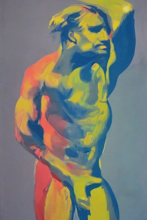 Image similar to thick paint brush strokes of a thin athletic male physique doing pullup, matte paint colors, james nares, willem de kooning