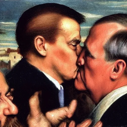 Prompt: still of donald trump kissing adolf hitler, renaissance painting