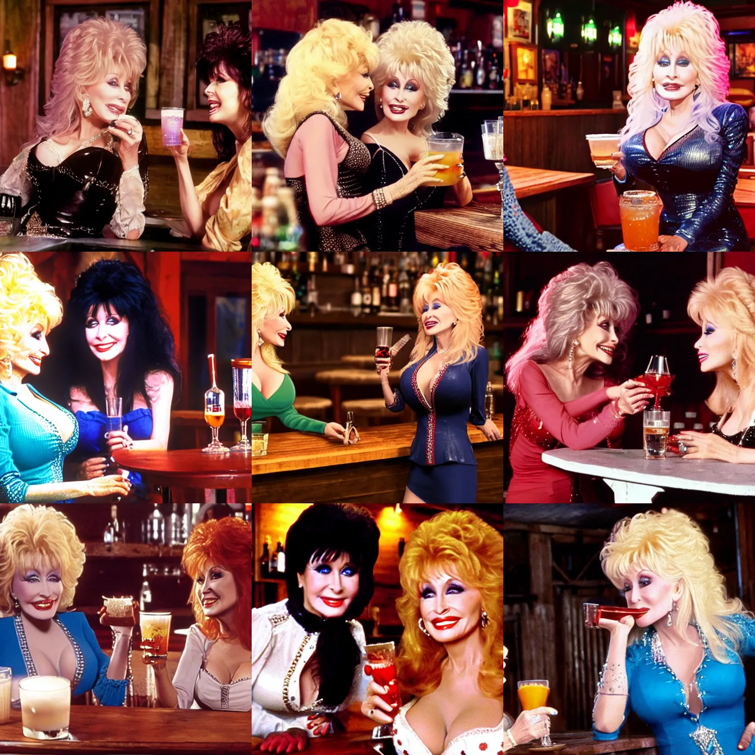 Prompt: elvira sharing a drink with dolly parton in a bar, photo, 4 k, realistic