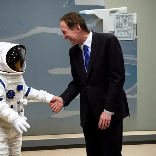 Image similar to cat astronaut shakes the hands with president