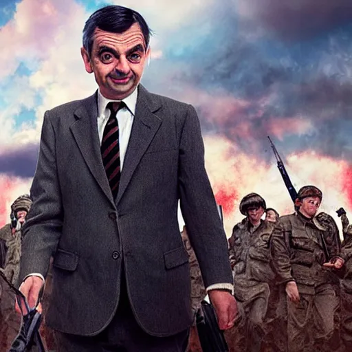 Prompt: mr bean as funny epic war hero, movie poster, 8 k hd,