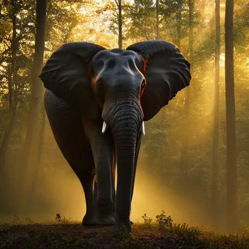 Image similar to A portrait of an elephant in a forest, natural lighting, sunbeams, golden hour, misty atmospherics