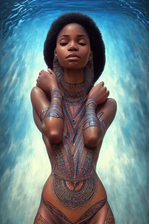 Image similar to body portrait of beautiful nubian ancestral tribal tattooed young pincess, underwater photography full body portrait of a young beautiful woman swimming low angle by terry o'neill intricate, elegant, highly detailed, digital painting, artstation, concept art, smooth, sharp focus, illustration, art by artgerm and greg rutkowski and alphonse mucha, 8 k