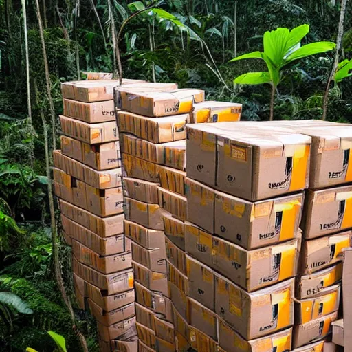 Image similar to a bunch of amazon packages stacked in the middle of the amazon rainforest