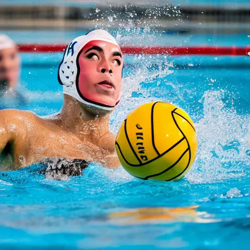 Image similar to a water polo player riding a hippopotamus. sports photograph.