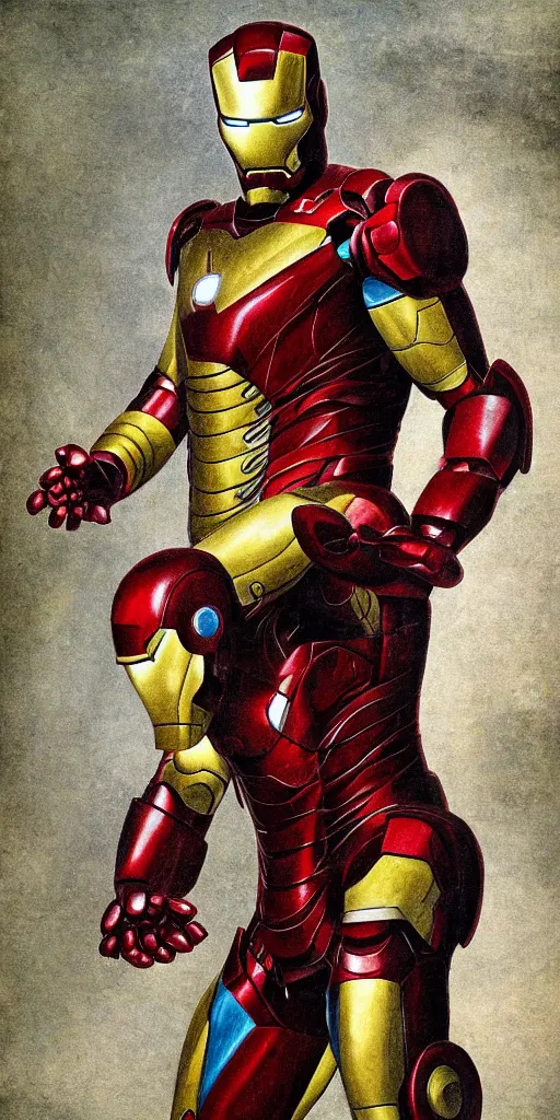 Image similar to iron man by hieronymus bosch, highly detailed, realistic, abstract background, action pose