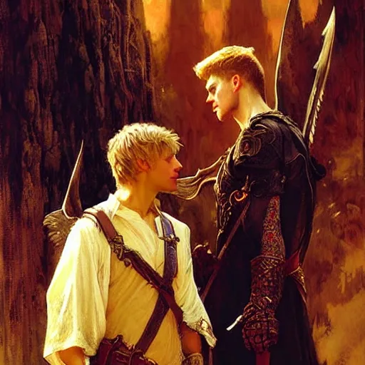 Image similar to attractive arthur pendragon with attractive male merlin the mage. they are in love. highly detailed painting by gaston bussiere, craig mullins, j. c. leyendecker