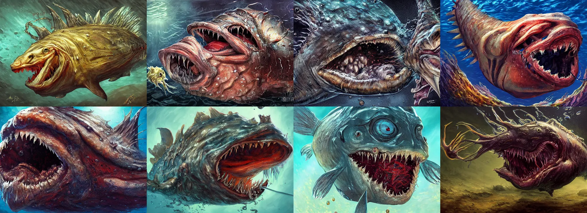 Prompt: a monstrous mutant anglerfish with mouth wide open, underwater, by neville page, ( ( ( horror art ) ) ), close up, wide angle, dramatic lighting, highly detailed digital painting