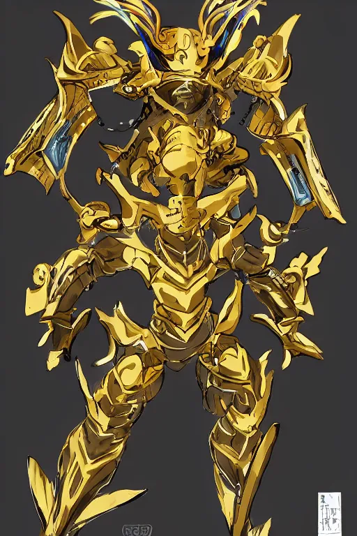 Image similar to an anime showing the new golden armor zodiac Knight by tatsuya Yoshikawa artist Rendering the frog constellation armor . Sharp focus, full of details, by utsurowazaru mono and jet set radio , ,concept art, trending on artstation and cell shading