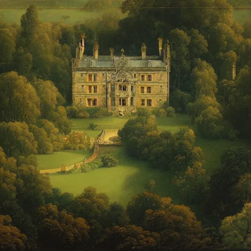 Image similar to aerial view of english stately home, lawns, gardens, lake, woodland, fantasy, carl spitzweg, g liulian, david curtis, christophe vacher, james paick