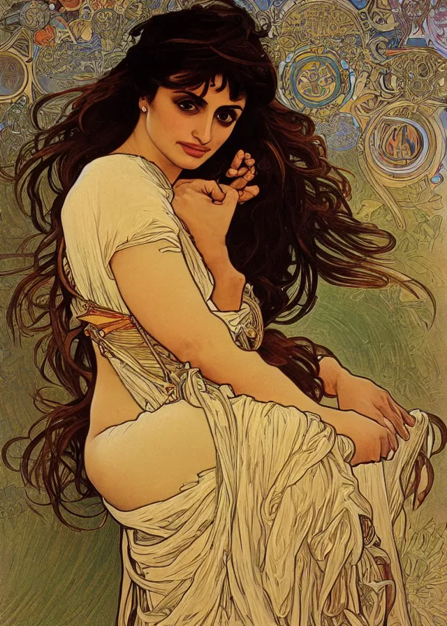 Image similar to portrait of penelope cruz, artwork by alphonse mucha