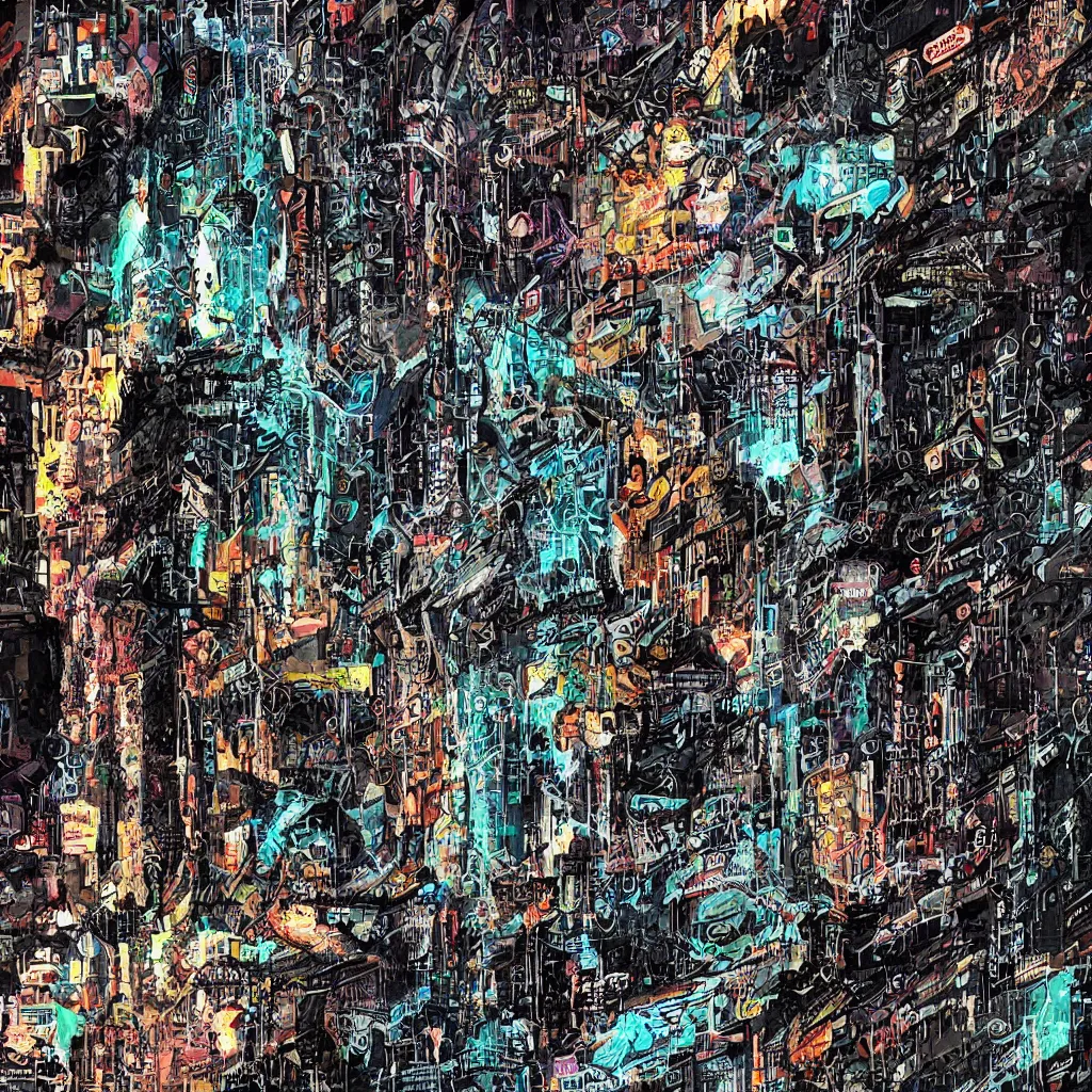 Image similar to a cave painting of a cyberpunk cave