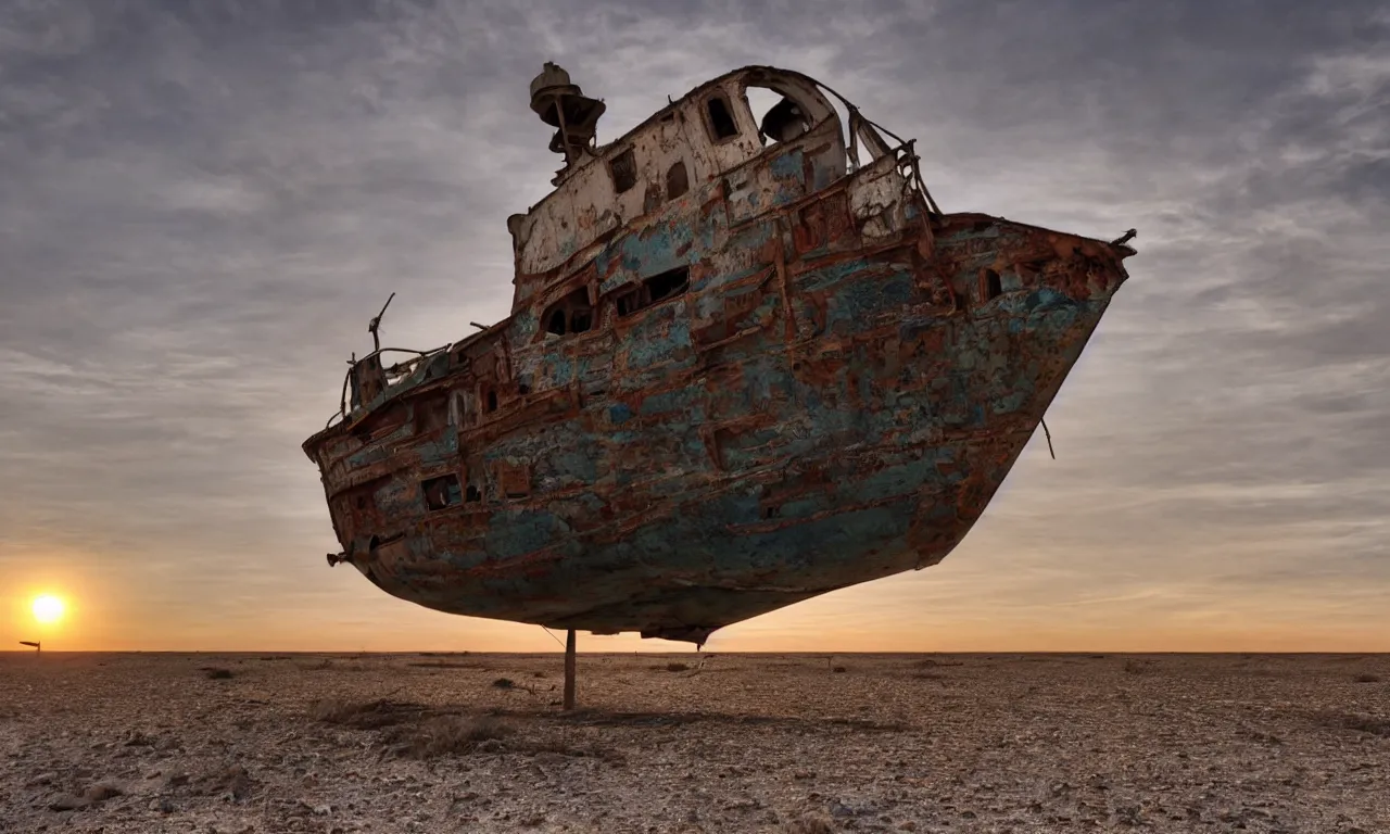 Image similar to an abandoned ship in the aral sea desert, setting sun, photorealistic, 4k, very detailed