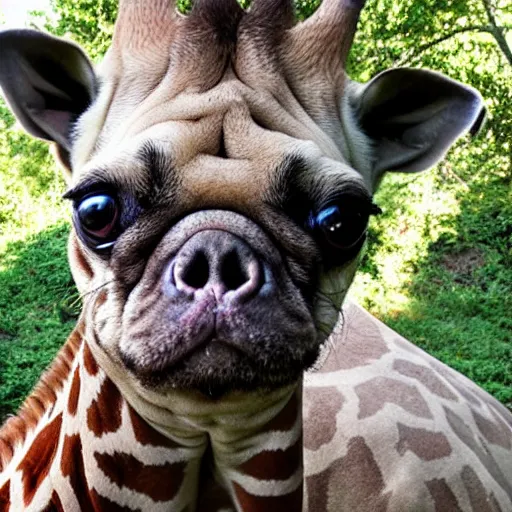 Image similar to a Giraffe-Pug Hybrid, A Giraffe that looks like a pug, huge tusks, afternoon hangout, good times photograph, candid