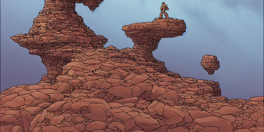 Image similar to isometric science fiction art of a rocky landscape. isometric perspective. science fiction art. alien world. moebius