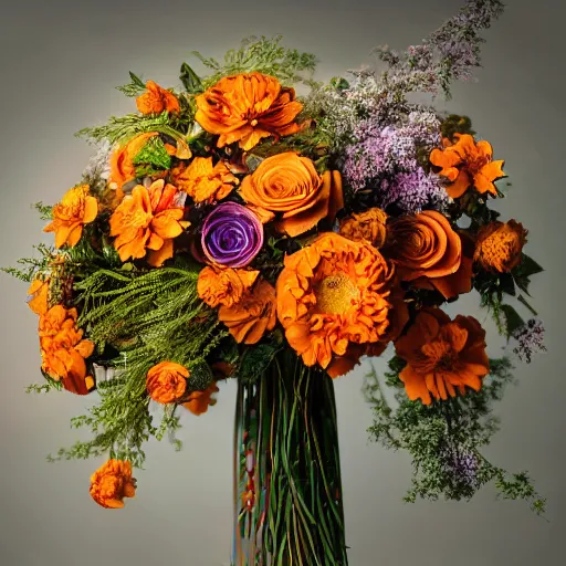 Image similar to a beautiful stunning fantasy matte digital painting of a bouquet made of orange roses and orange chrysanthemums and purple poppies and green eucalyptus and green flora, a photograph painted in the style of Bridal Magazine, professional floral arrangement, professional lighting, trending on artstation hq, contest winner