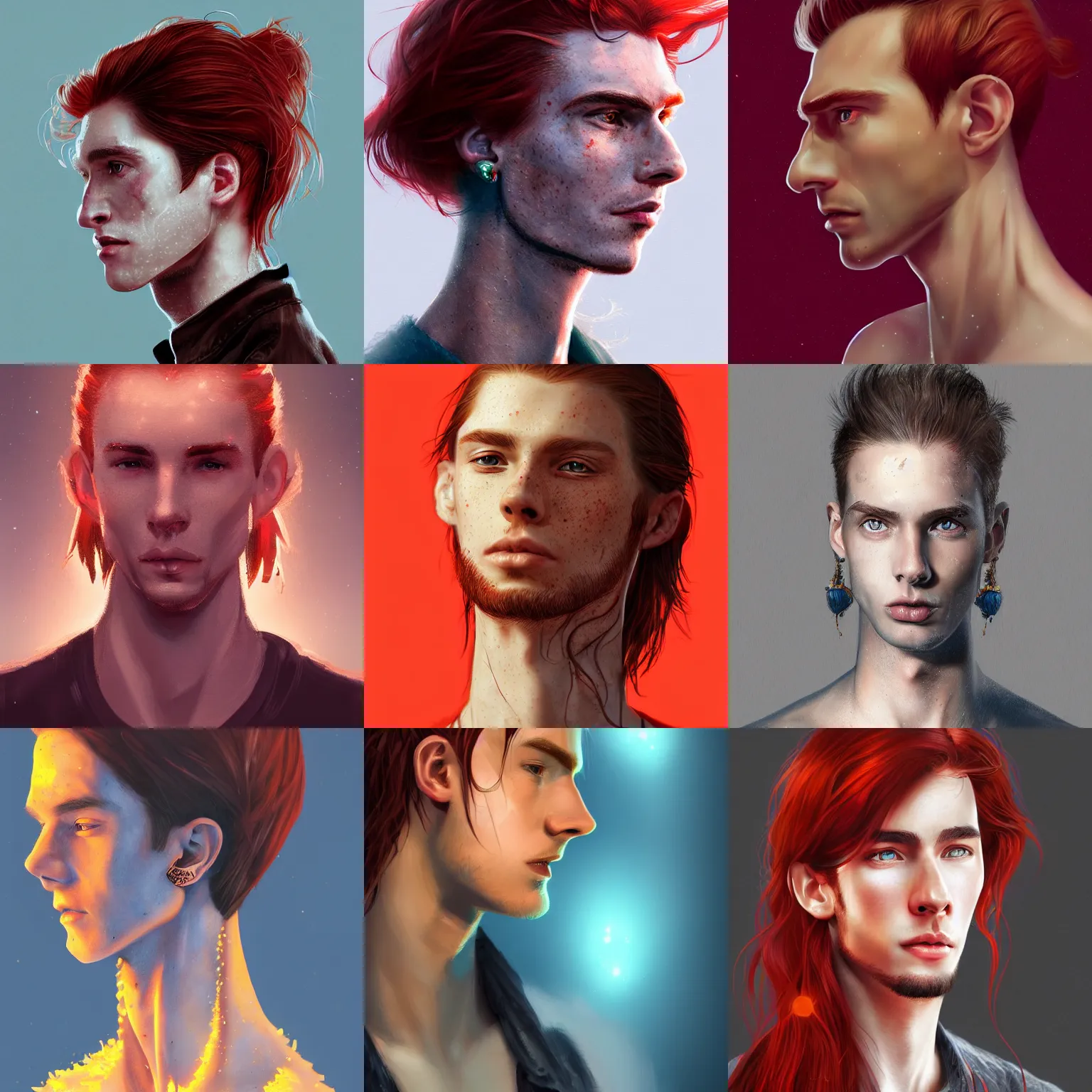 Image similar to portrait of a thin young man with long red hair, ponytail, a lot of freckles on his face, an earring, intricate, elegant, glowing lights, highly detailed, digital painting, artstation, concept art, smooth, sharp focus, illustration