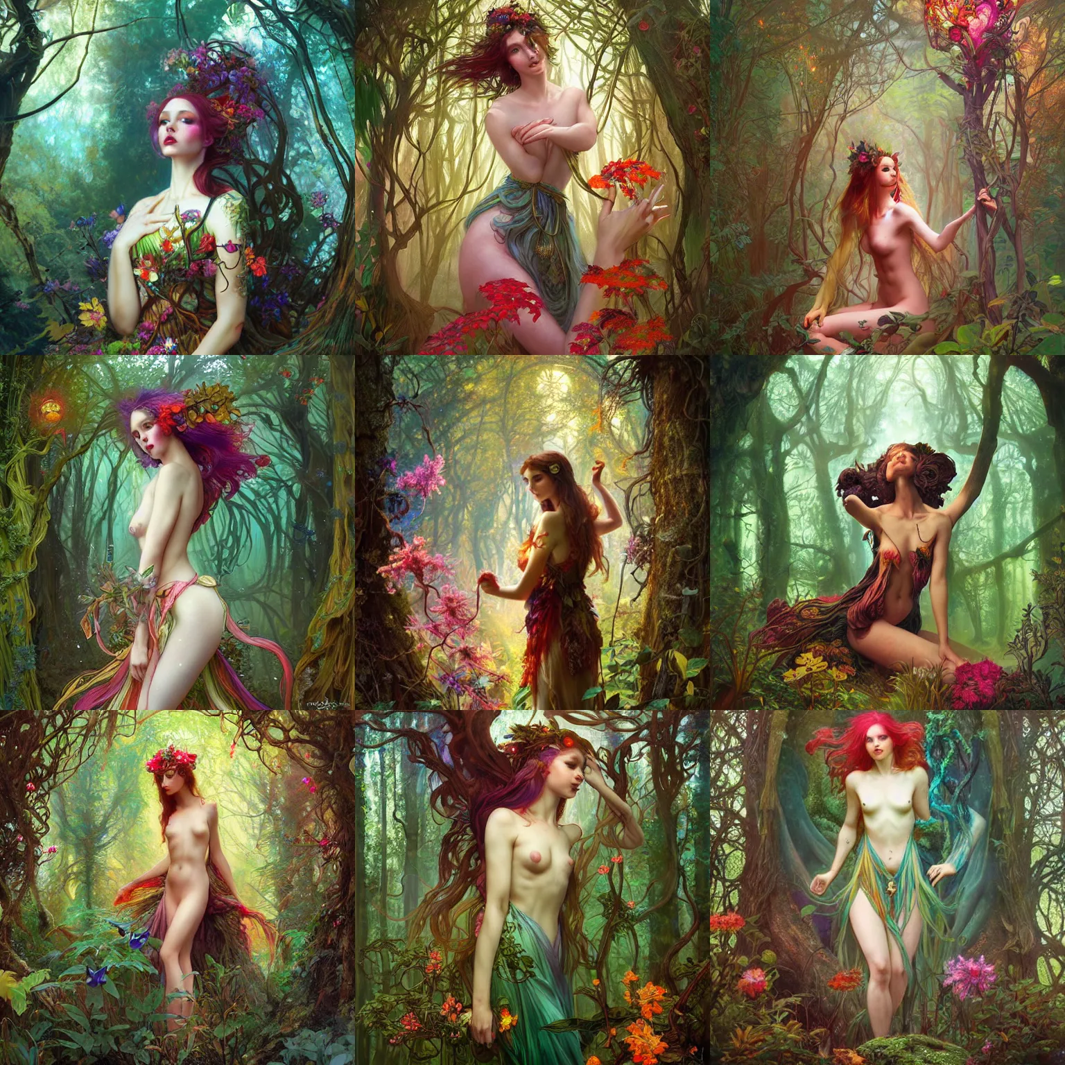 Prompt: dryad in the forest, uplifting, colorful, digital art, concept art, viktoria gavrilenko, wlop, xiaoguang sun, alphonse mucha, magali villeneuve, tom bagshaw