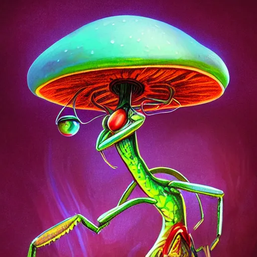 Image similar to 4 k headshot portrait of a psychedelic demonic anthropomorphic praying mantis with mushroom themed clothes, magic mushroom village in background by jeff easley, award winning, stylized neon, post - processing, masterpiece, superb resolution. in the art style of junji ito and greg rutkowski. detailed mushroom city in background. hyper realistic anime. perfect art. dalle 2