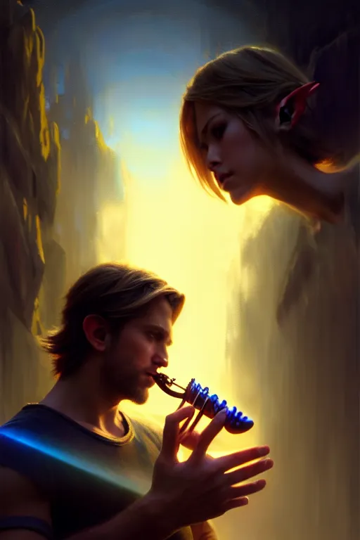 Image similar to cinematic shot of an epic portrait of link playing ocarina, shiny skin, beautiful eyes, beautiful, small details, night setting, realistic poster with volumetric light from craig mallism, artgerm, jeremy lipkin and michael garmash, unreal engine, radiant light, detailed and complex environment, digital art, trends at art station, a masterpiece