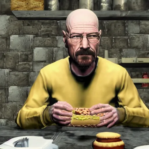 Prompt: in-game screenshot of walter white eating a hamburger in skyrim