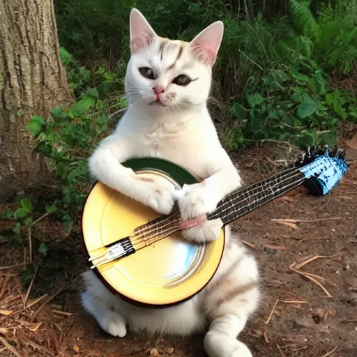 Image similar to cat cheerfully playing a banjo, sitting on a mushroom