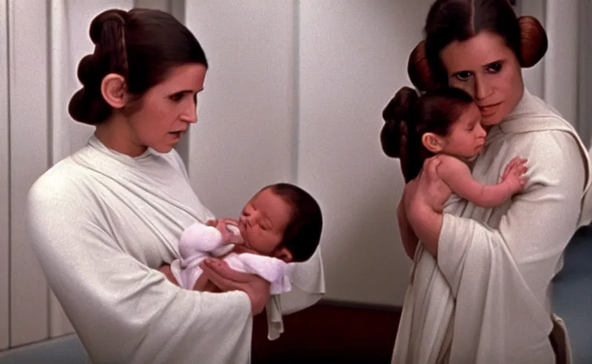 Image similar to screenshot of Princess Leia Organa holding a new born baby in a swaddle, Han Solo watches, iconic scene from 1970s film directed by by Stanley Kubrick, in a sci fi nursing home architecture, 4k HD sharp, cinematic still frame, photoreal, detailed face, moody lighting, stunning cinematography, anamorphic lenses, kodak color film stock