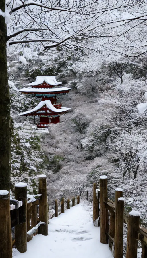 Prompt: a shinto shrine path atop a mountain,snowy,beautiful,nature,distant shot,isometric