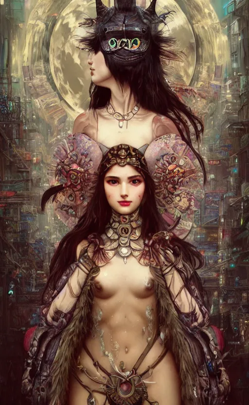 Image similar to hyper realistic Princess Mononoke, ornate mask magic, wet market street, cyberpunk metropolis, city landscape, jewels, full body pose, full moon, crowded streets, style of tom bagshaw, mucha, james gurney, norman rockwell, denoised, sharp