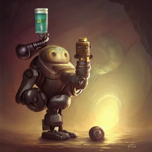 Image similar to robot [ thing ], lifting dumbbells, drinking a shake, tiny, small, short, cute and adorable, pretty, beautiful, dnd character art portrait, matte fantasy painting, deviantart artstation, by jason felix by steve argyle by tyler jacobson by peter mohrbacher, cinema