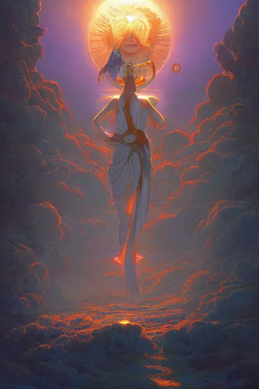 Image similar to the high Priestess of the sun god greets the rising sun, 8k resolution digital painting by Michael Whelan and Peter Mohrbacher, cinematic morning light