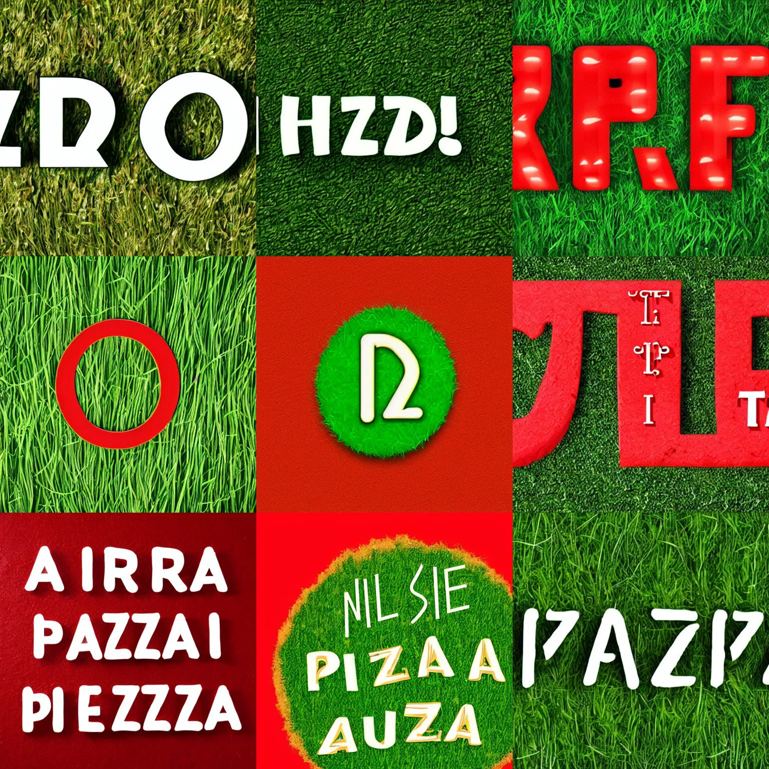 Prompt: a text font that looks like grass spells the word pizza on red background
