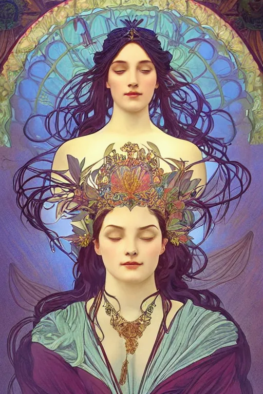 Image similar to a goddess of magnolia a queen of the garden, meditating! with a beautiful symmetrical face!!! cinematic lightning, isolated, studio lighting by alphonse mucha and tom bagshaw